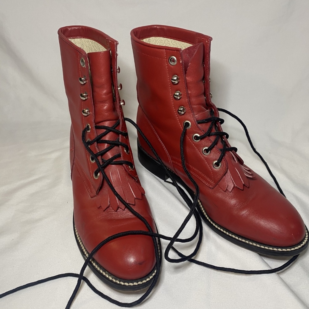 Justin's Red Leather Kiltie Romper Boots - 1980's
